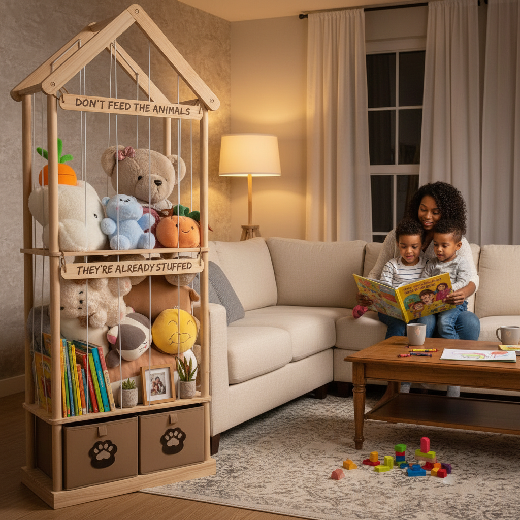 Best Stuffed Animals Storage with Foldable Basket For Playroom Nursery Kidroom Bedroom, Wood Stuffed Animal Zoo Storage Cage, Extra Large Capacity Plush Toy Organiser, Stuffed Animal Holder - 65 Inch