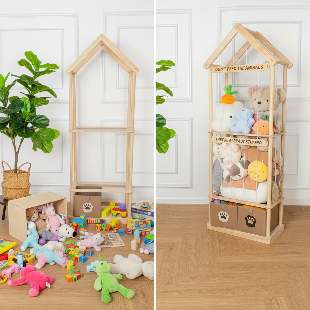 Best Stuffed Animals Storage with Foldable Basket For Playroom Nursery Kidroom Bedroom, Wood Stuffed Animal Zoo Storage Cage, Extra Large Capacity Plush Toy Organiser, Stuffed Animal Holder - 65 Inch