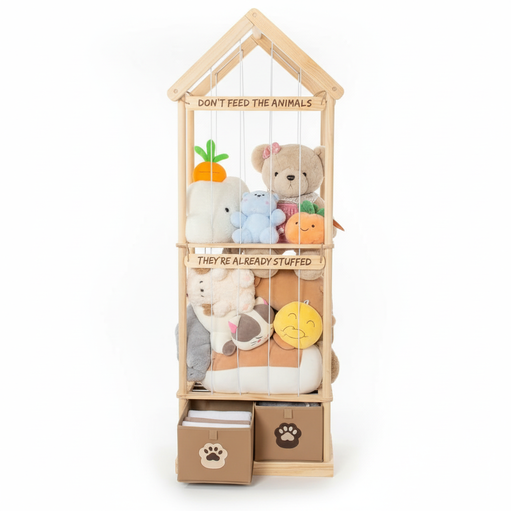 Best Stuffed Animals Storage with Foldable Basket For Playroom Nursery Kidroom Bedroom, Wood Stuffed Animal Zoo Storage Cage, Extra Large Capacity Plush Toy Organiser, Stuffed Animal Holder - 65 Inch
