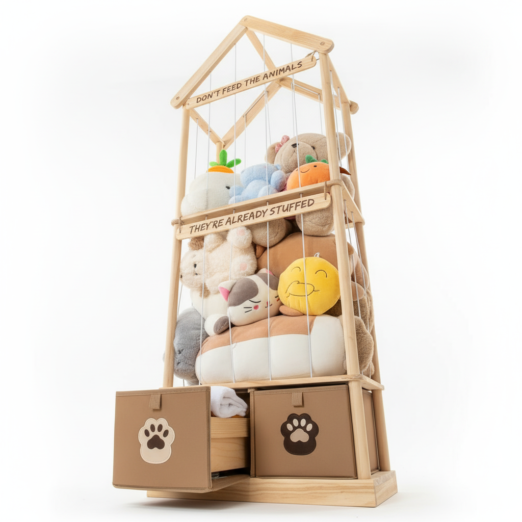 Best Stuffed Animals Storage with Foldable Basket For Playroom Nursery Kidroom Bedroom, Wood Stuffed Animal Zoo Storage Cage, Extra Large Capacity Plush Toy Organiser, Stuffed Animal Holder - 65 Inch